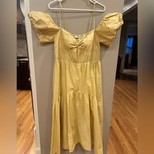 Off the shoulder midi length lined cotton summer dress.